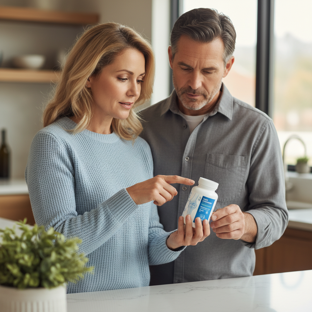 중년 부모가 관절 영양제를 손에 들고 라벨을 확인하는 자연스러운 모습