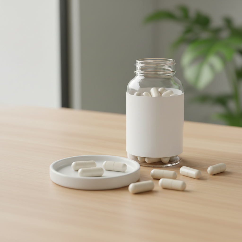 관절 영양제 병과 캡슐이 깔끔하게 배치된 테이블 위 장면
