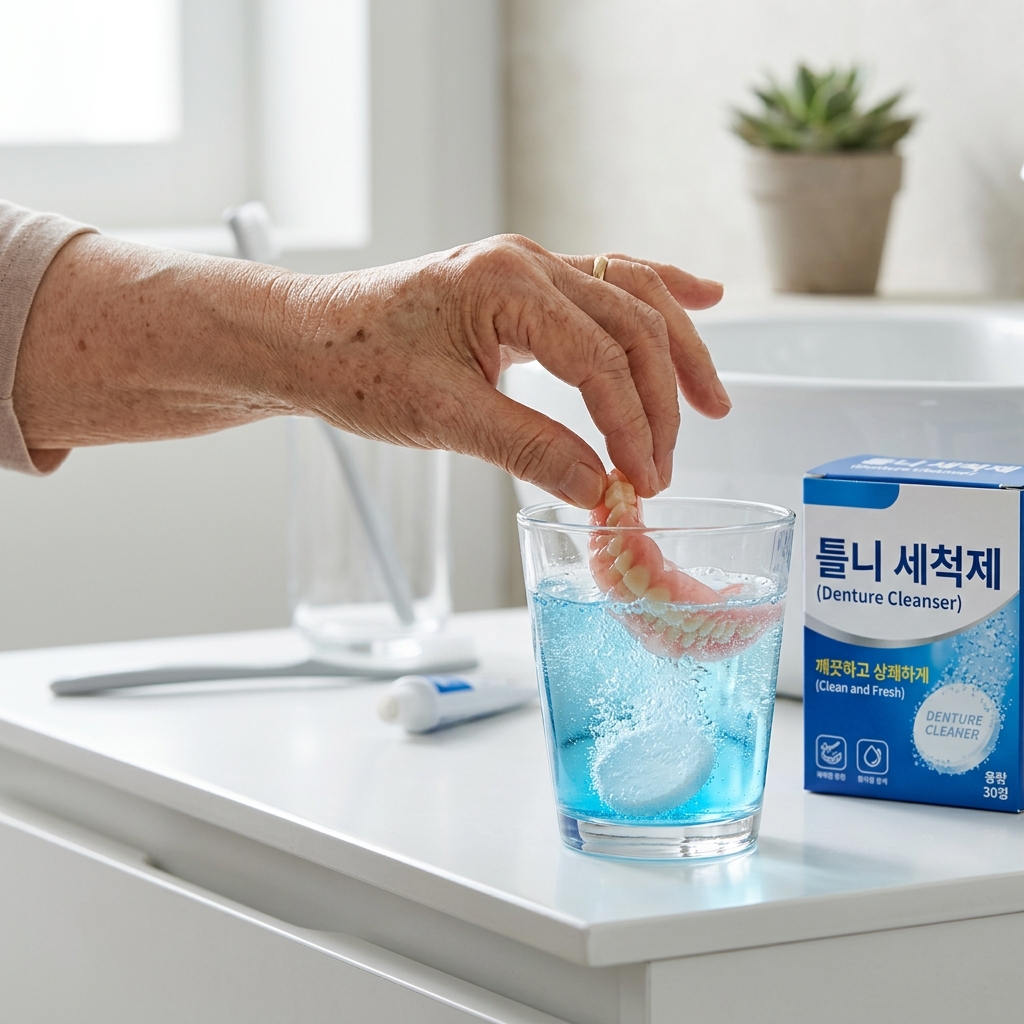 틀니를 전용 세척제에 담그고 있는 어르신 손 클로즈업