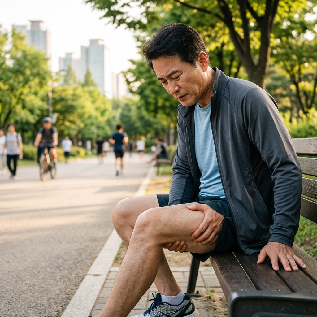 허벅지를 손으로 감싸며 근육통을 느끼는 중년 한국인의 모습