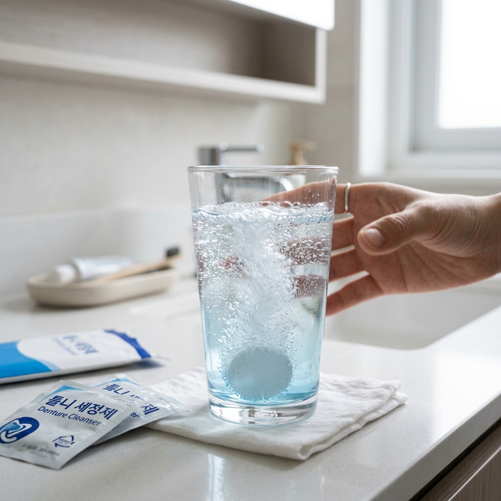 틀니 세정제 정제를 물컵에 넣으면 거품이 올라오는 모습