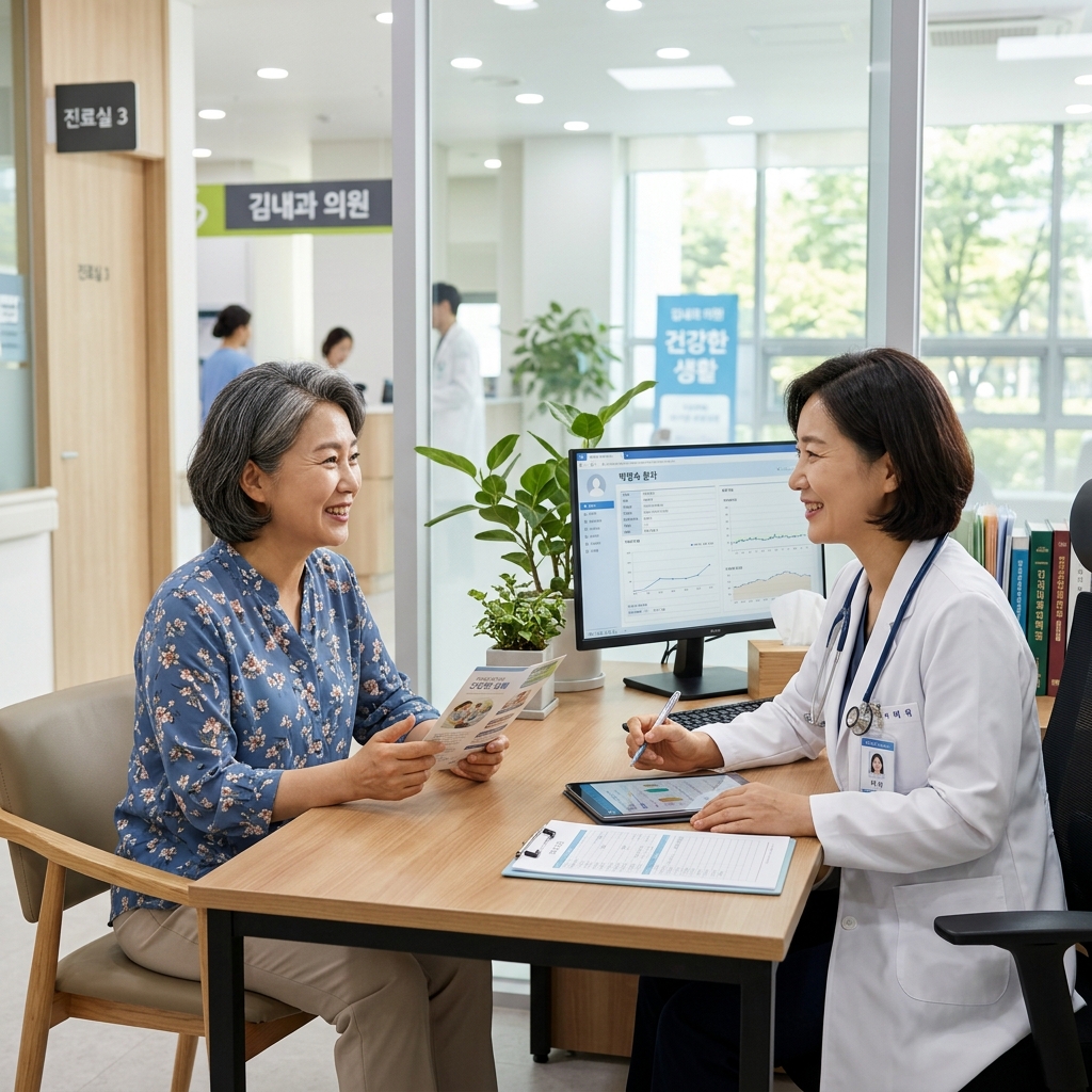 진료실에서 의사와 상담 중인 중년 한국인 환자의 모습
