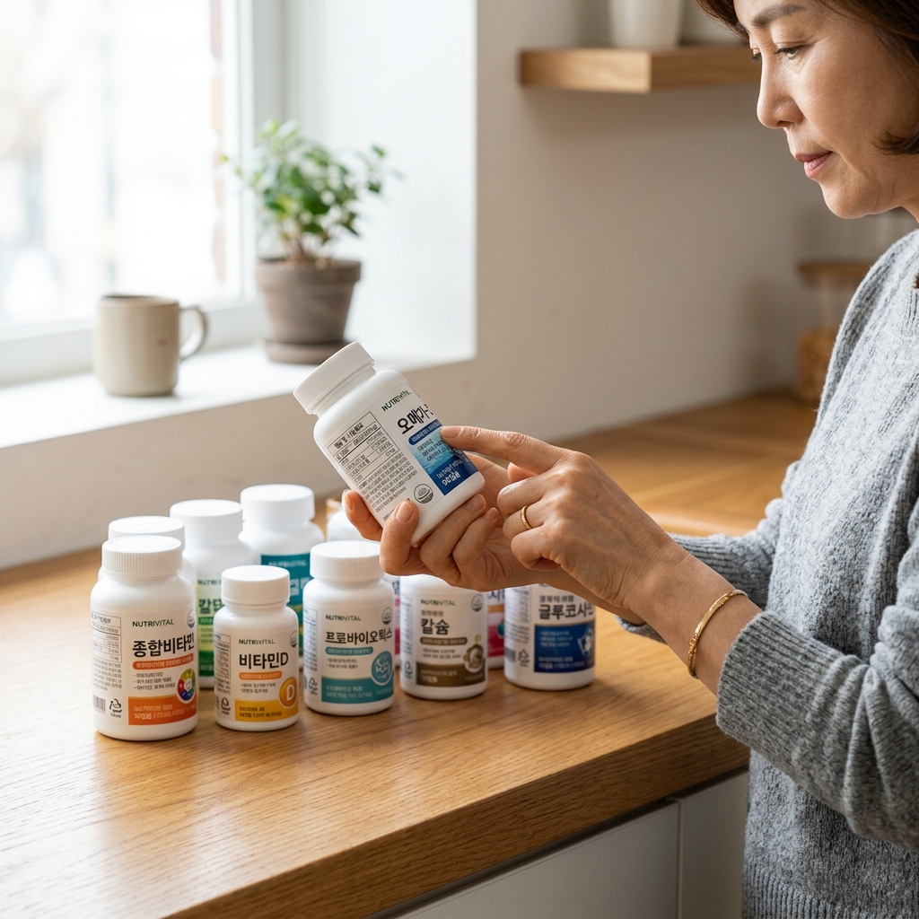 다양한 영양제 용기와 성분표를 확인하는 중년 여성의 손
