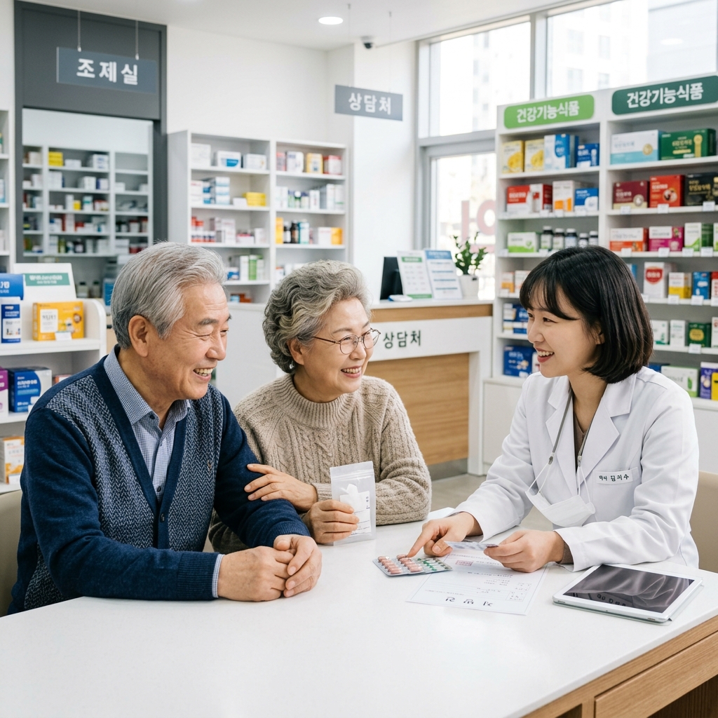 약사와 상담 중인 노년 부부
