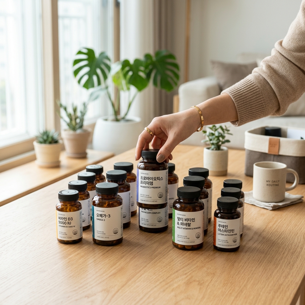 영양제 용기들을 테이블 위에 나열해 정리하는 장면