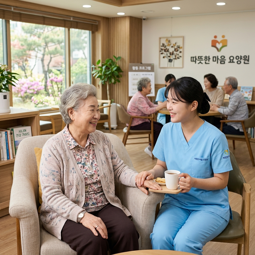요양원에서 어르신이 서비스를 받고 있는 자연스러운 장면