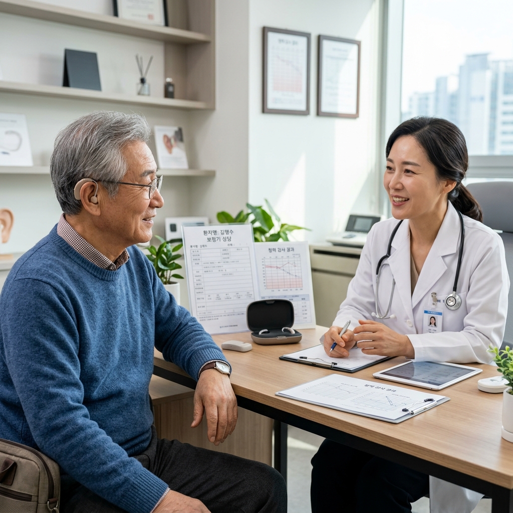 보청기를 착용한 70대 한국인 어르신이 의사와 대화하는 장면