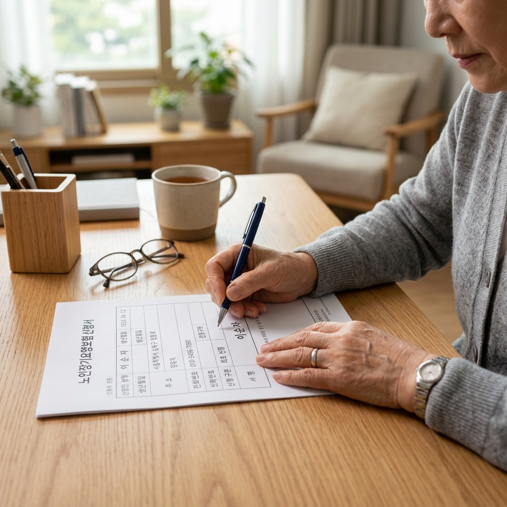 노인장기요양보험 신청서를 작성하는 손과 서류