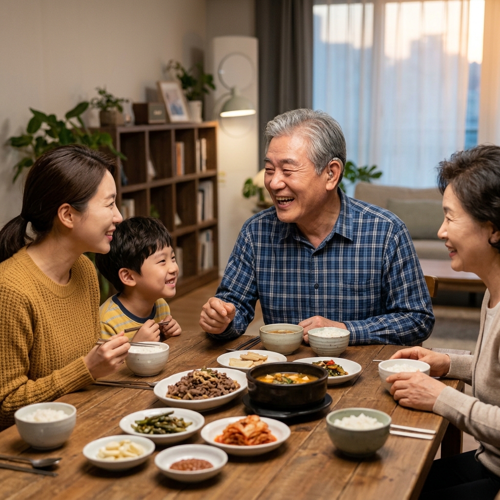 보청기를 착용하고 가족과 식사하며 대화하는 한국인 노인