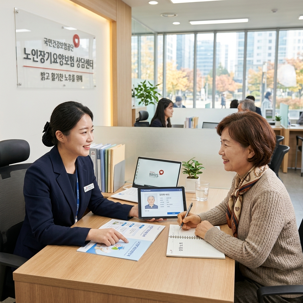 노인장기요양보험 공단 직원과 상담 중인 보호자