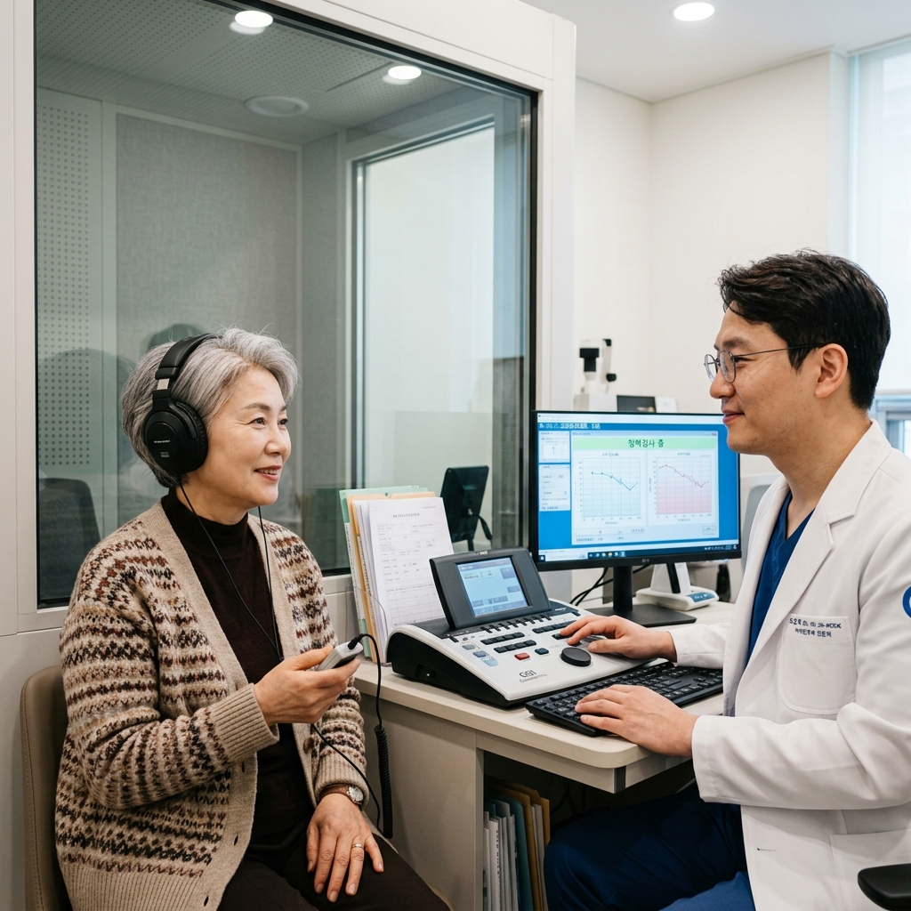 이비인후과에서 청력 검사를 받는 60대 한국인