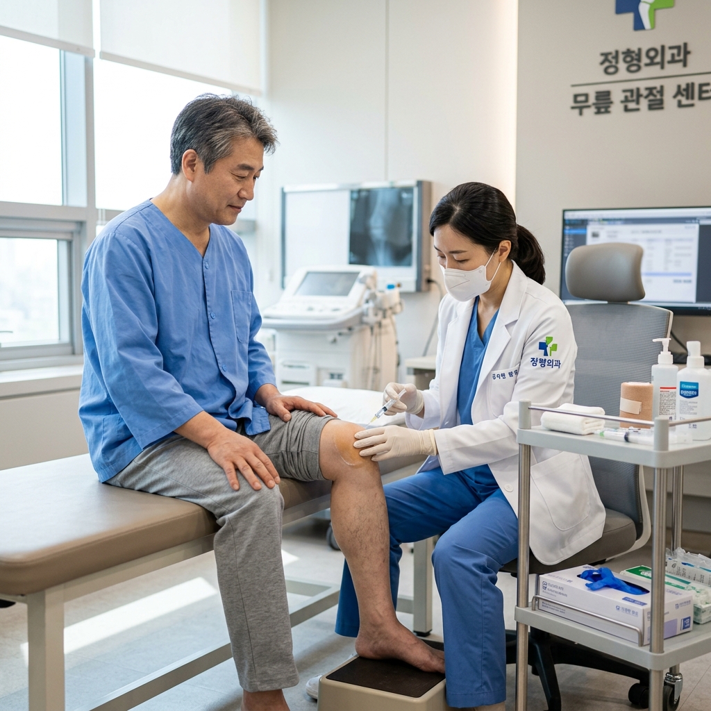 병원에서 무릎 주사 치료를 받는 중장년 환자