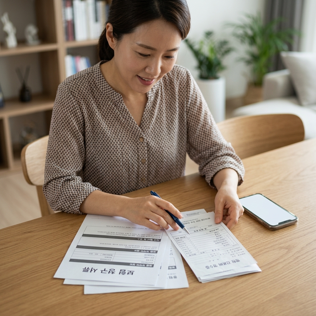보험 서류와 병원 영수증을 확인하는 장면