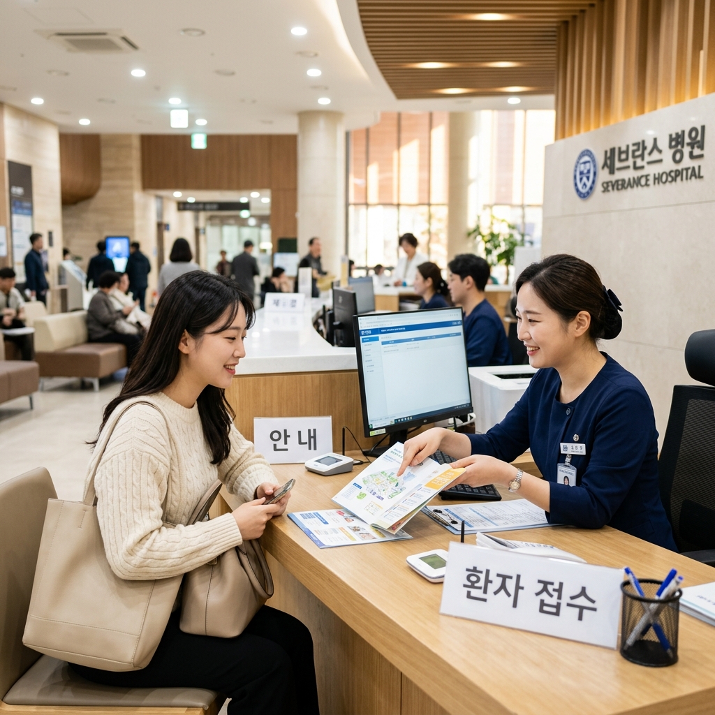 병원 안내 데스크에서 상담받는 환자