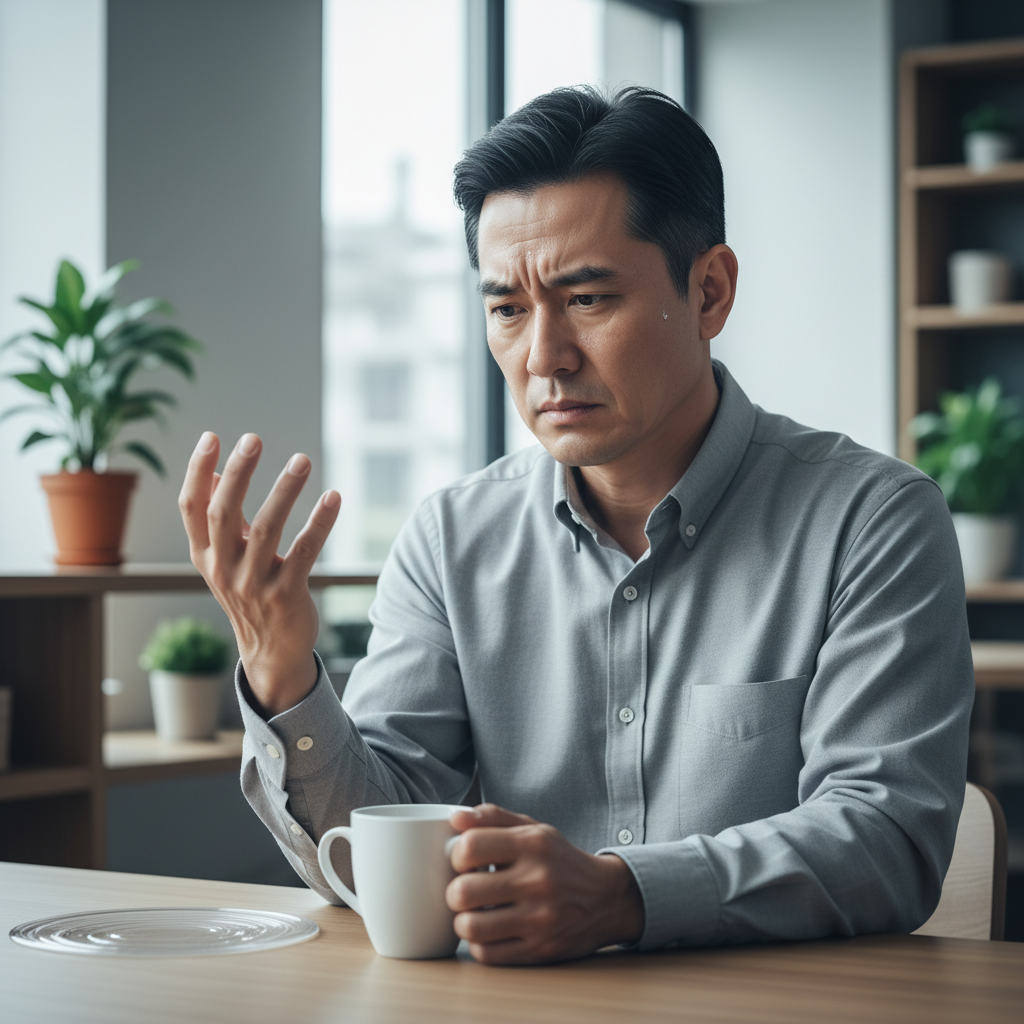 손 떨림과 식은땀을 보이는 중년 남성의 모습