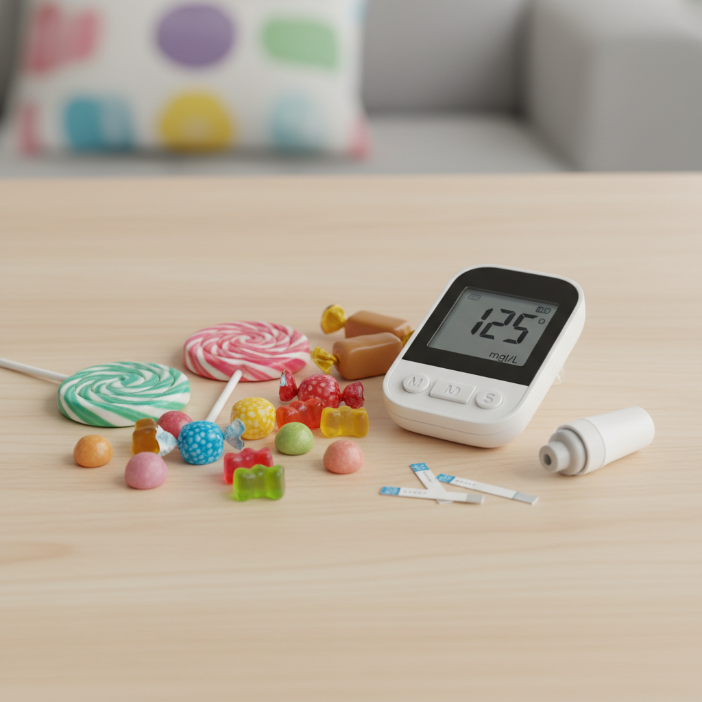 사탕과 혈당측정기를 함께 놓은 모습