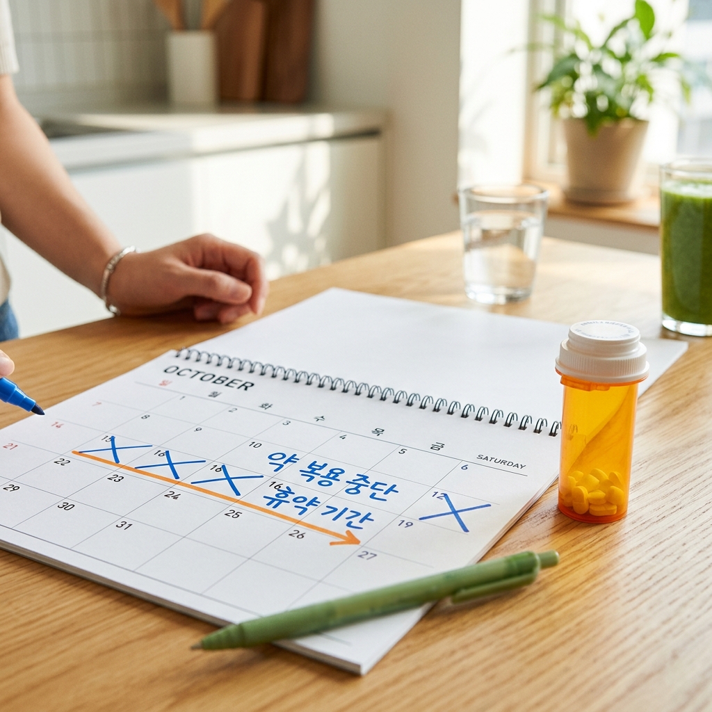 달력에 약 중단 일정이 표시된 모습과 약통