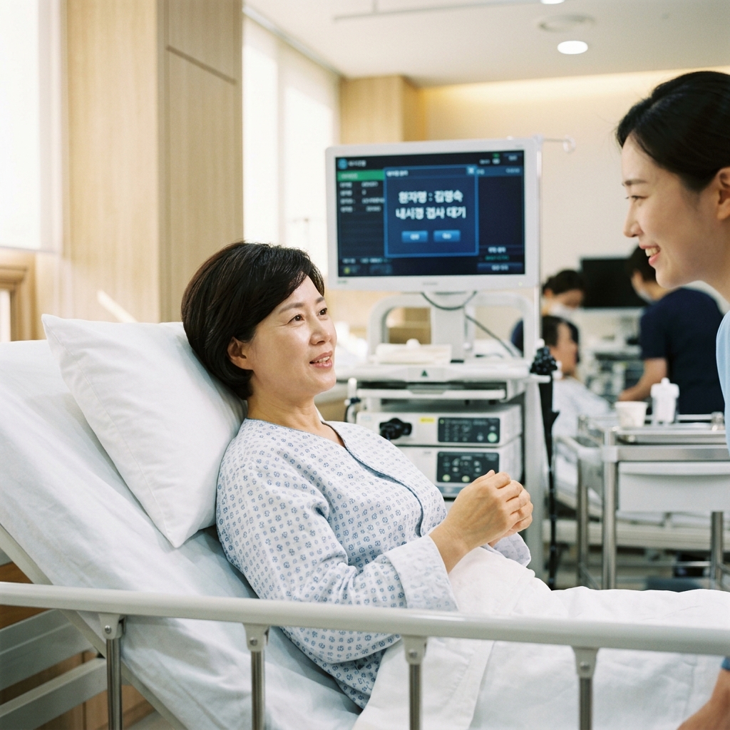 병원 침대에서 내시경 검사를 준비 중인 중년 환자