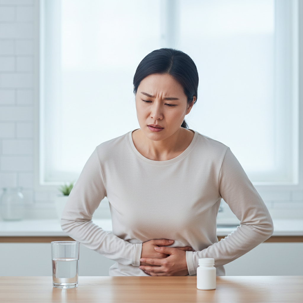 소염진통제 복용 후 속이 쓰린 표정의 한국인 성인