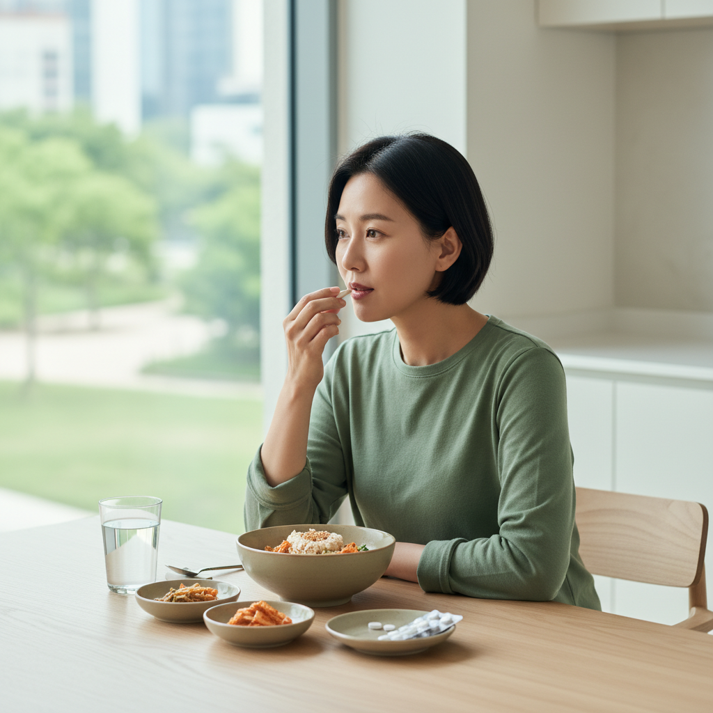 식후 물과 함께 약을 복용하는 한국인의 모습