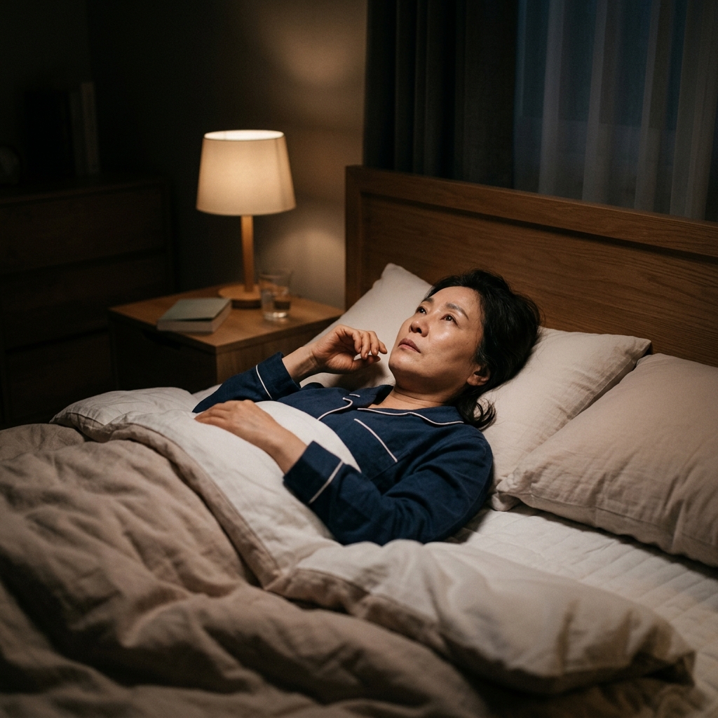 침대에 누워 천장을 바라보며 잠 못 이루는 중년 여성의 자연스러운 모습, 어두운 침실, 부드러운 조명, 다큐멘터리 스타일