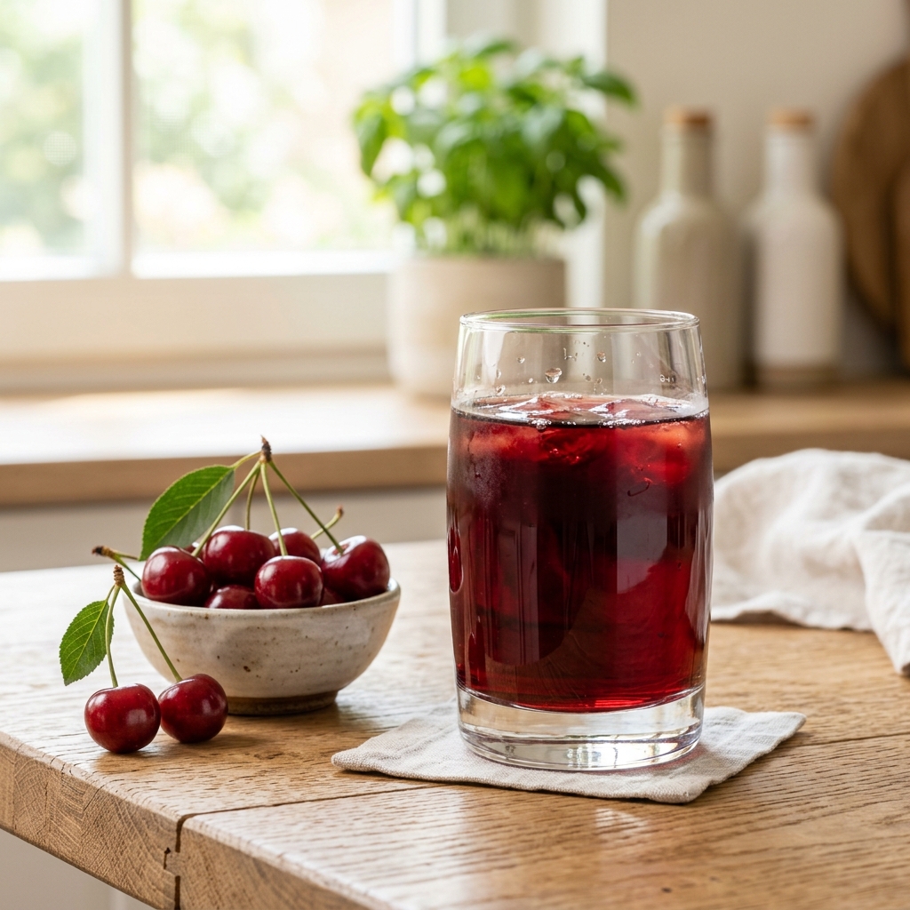 투명한 유리잔에 담긴 진한 붉은색 타트체리 주스, 체리 몇 알이 곁들여진 모습, 자연광, 선명한 디테일