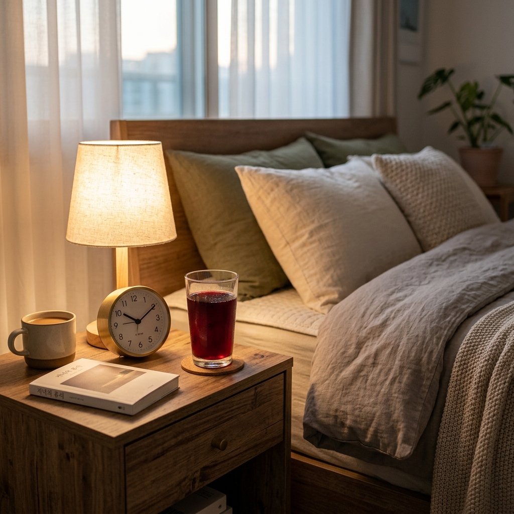 침대 옆 탁자에 놓인 타트체리 주스 잔과 시계, 편안한 침실 분위기, 부드러운 조명, 고요한 저녁 시간