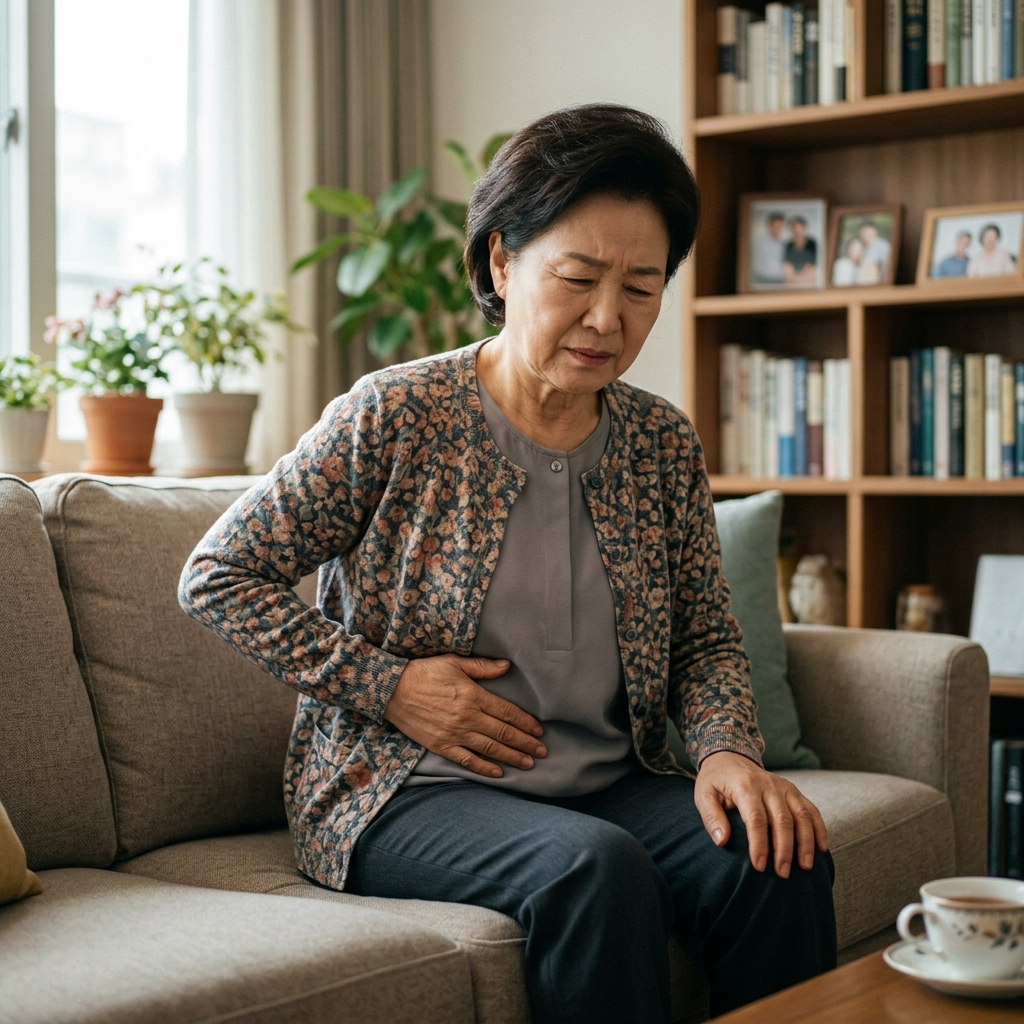 노인이 복부 불편감을 느끼는 자연스러운 모습