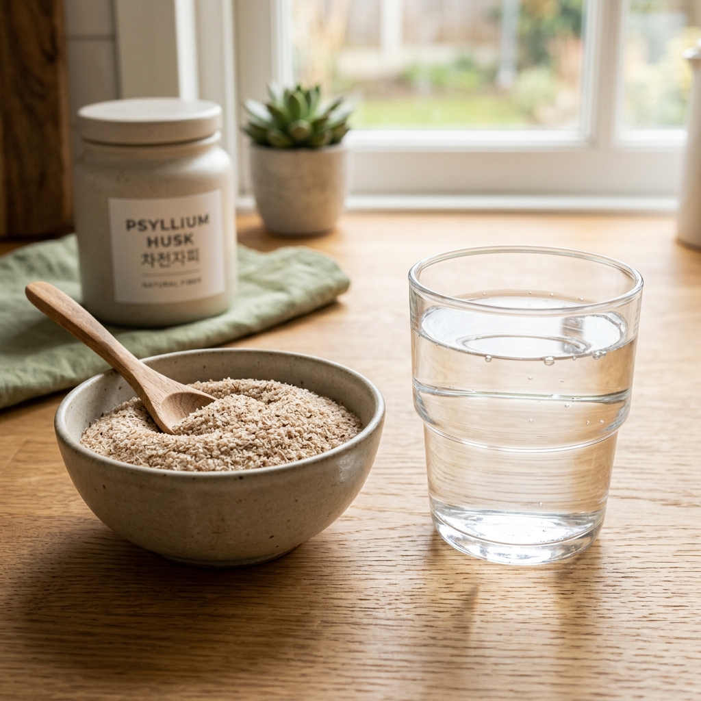 차전자피와 물 한 컵을 함께 놓은 장면