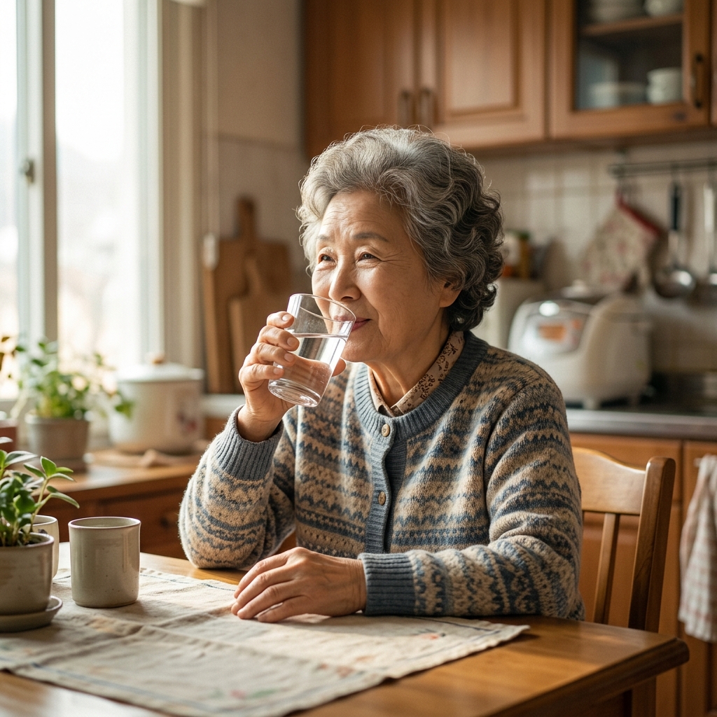 노인이 물 한 컵을 마시는 일상적인 장면