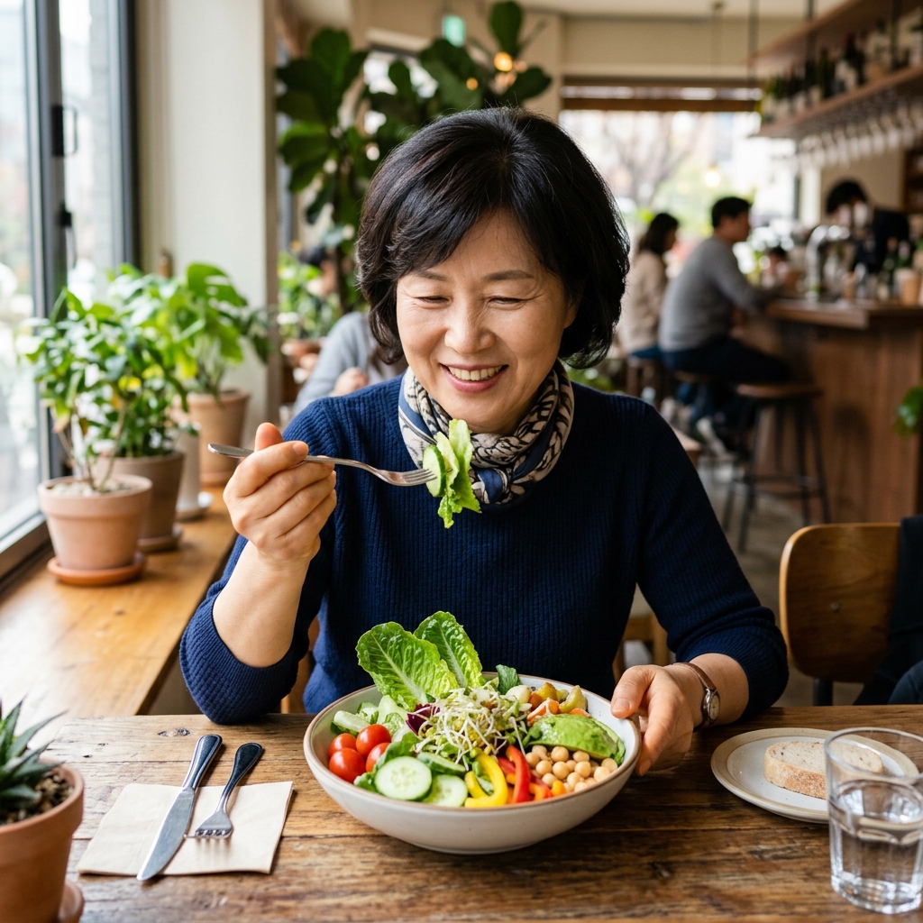 채소 샐러드를 먼저 먹는 중장년 여성의 자연스러운 식사 장면