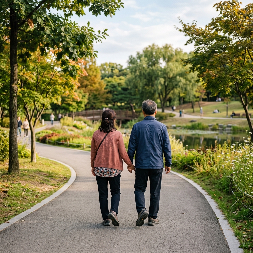 식후 공원을 천천히 산책하는 중년 부부의 뒷모습