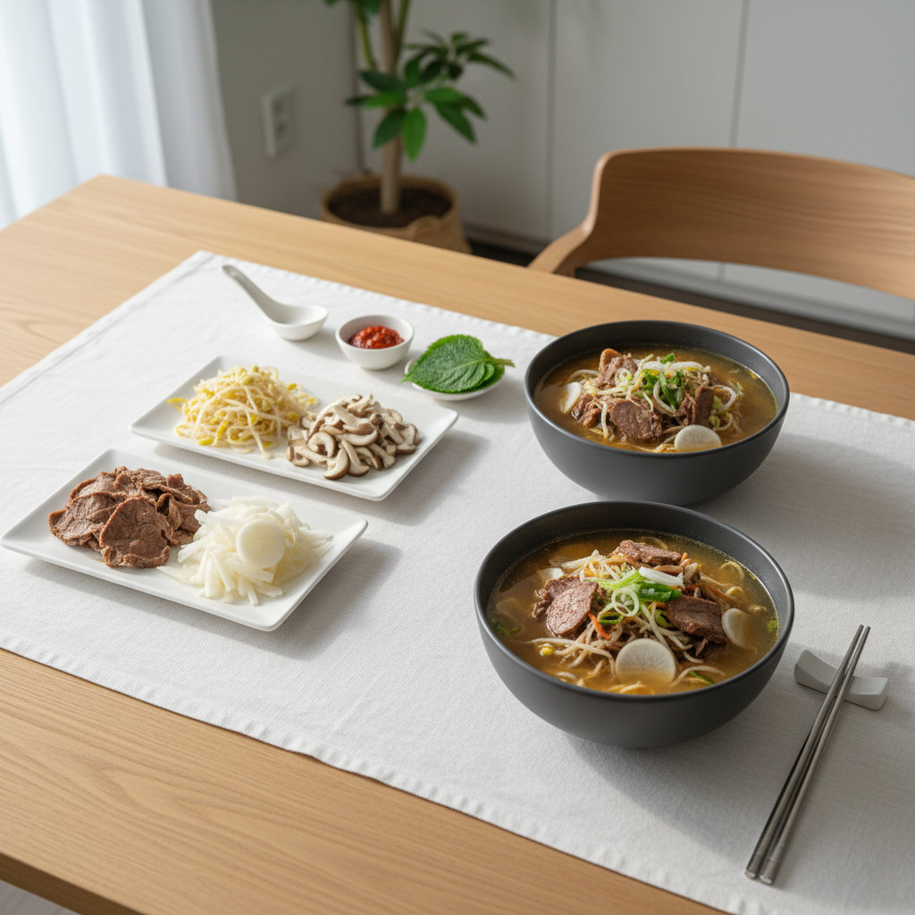 국그릇에 담긴 국물과 건더기를 따로 놓고 비교하는 식탁 장면