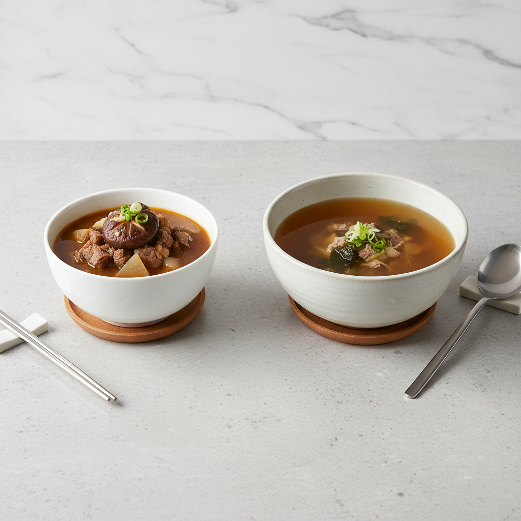 작은 공기에 건더기 위주로 담긴 국과 큰 국그릇을 비교하는 장면
