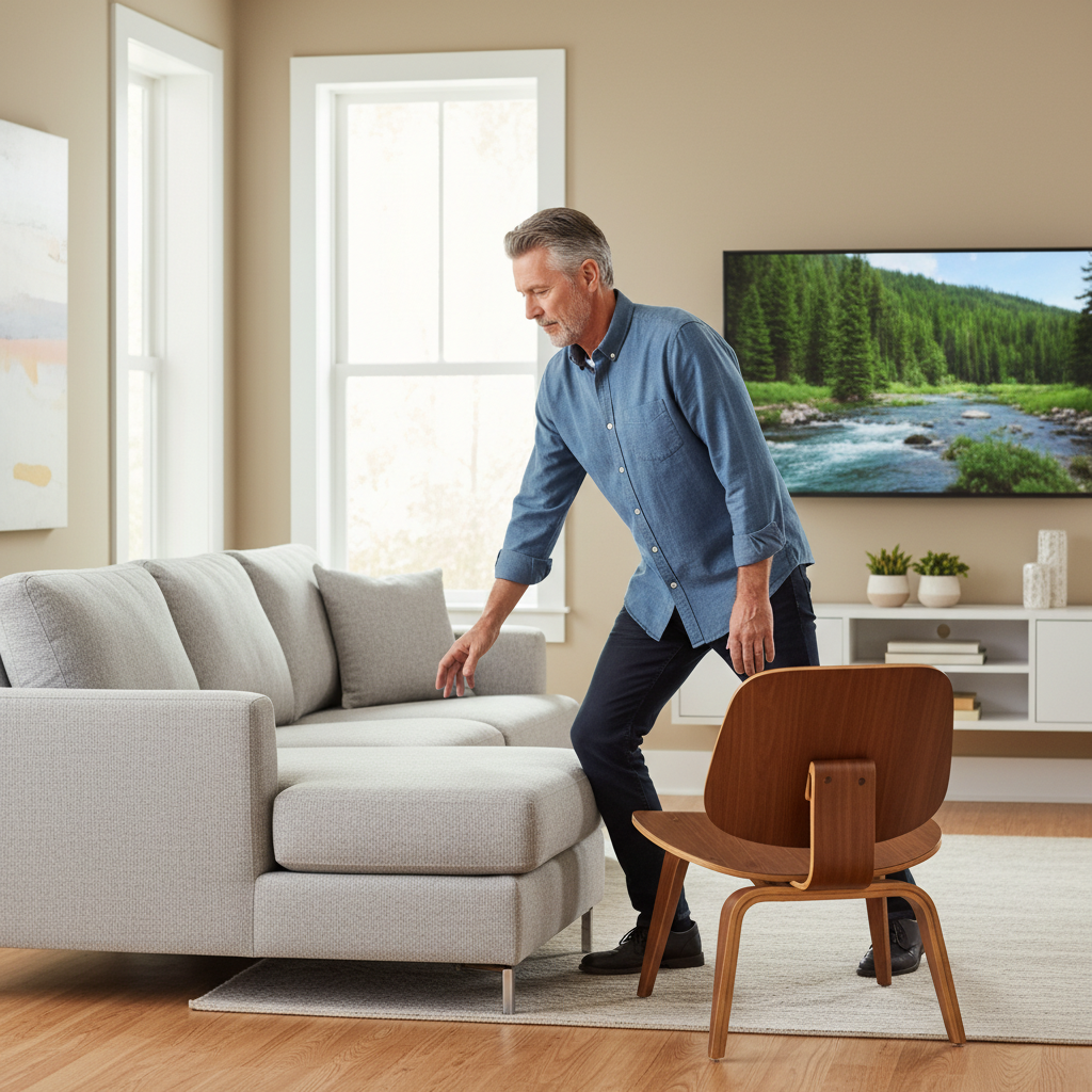거실 소파에 앉아 TV를 시청하는 중장년 남성이 의자를 잡고 일어서는 동작을 하는 모습