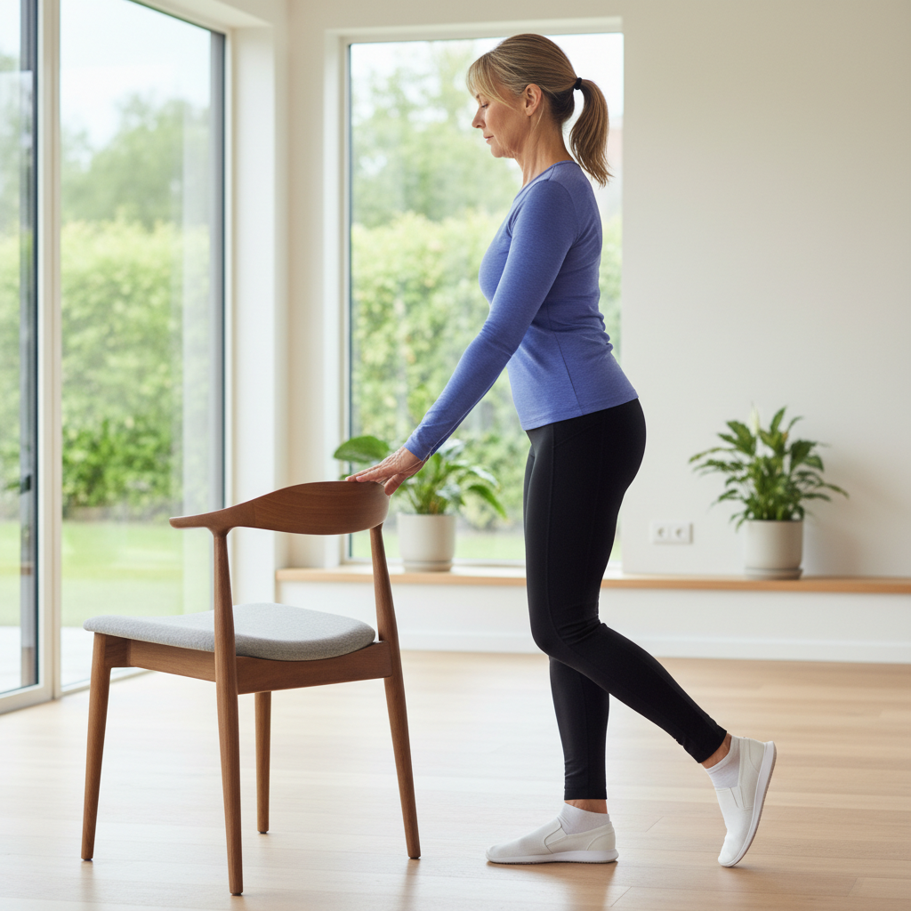 중년 여성이 의자 등받이를 잡고 서서 발뒤꿈치를 들어올리는 운동 자세
