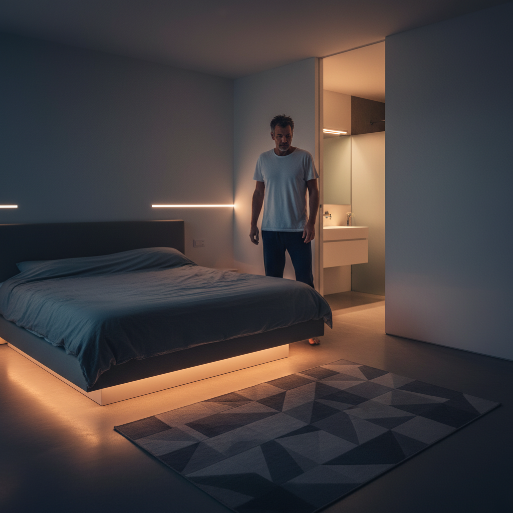 중년 남성이 밤에 침대에서 일어나 화장실로 가는 모습