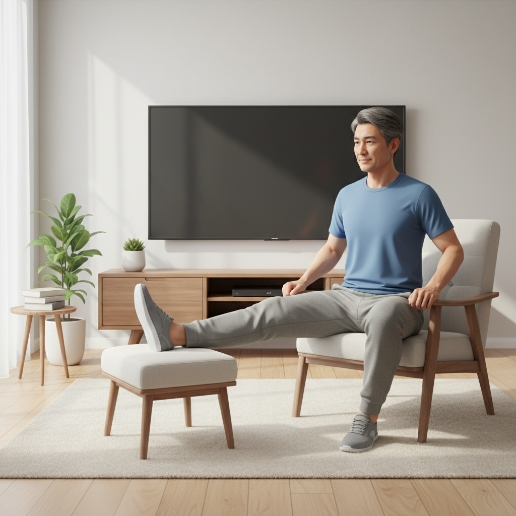 거실에서 TV 앞 의자에 앉아 한쪽 다리를 쭉 펴는 운동을 하는 중장년 남성