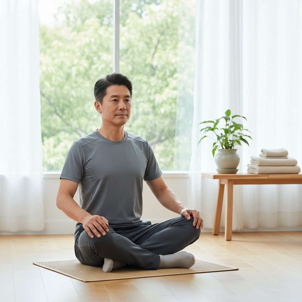 조용한 공간에서 바른 자세로 앉아 골반 운동을 하는 중년 남성