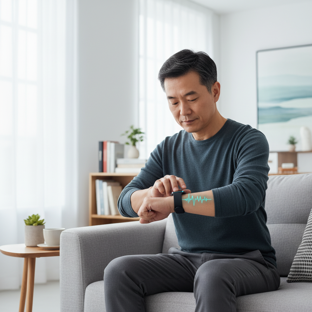 중년 남성이 손목에 찬 스마트워치로 심전도를 측정하는 자연스러운 실내 장면