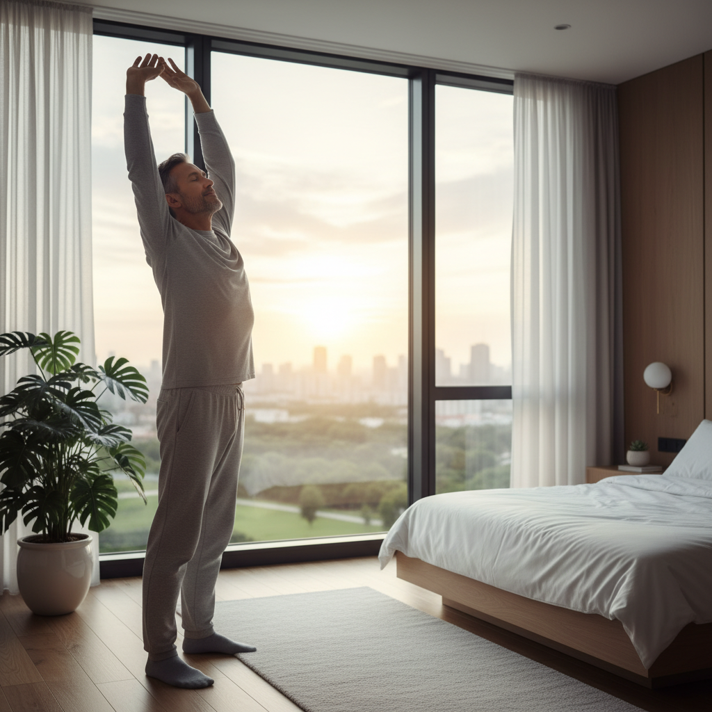아침에 상쾌하게 기상한 중년 남성이 창가에서 스트레칭하는 모습