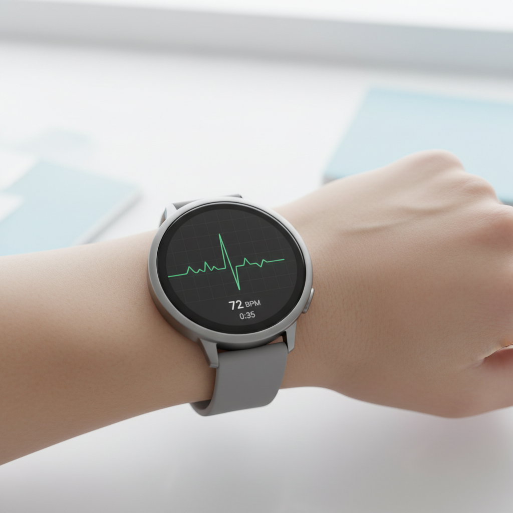 스마트워치 화면에 심전도 그래프가 표시된 클로즈업 장면