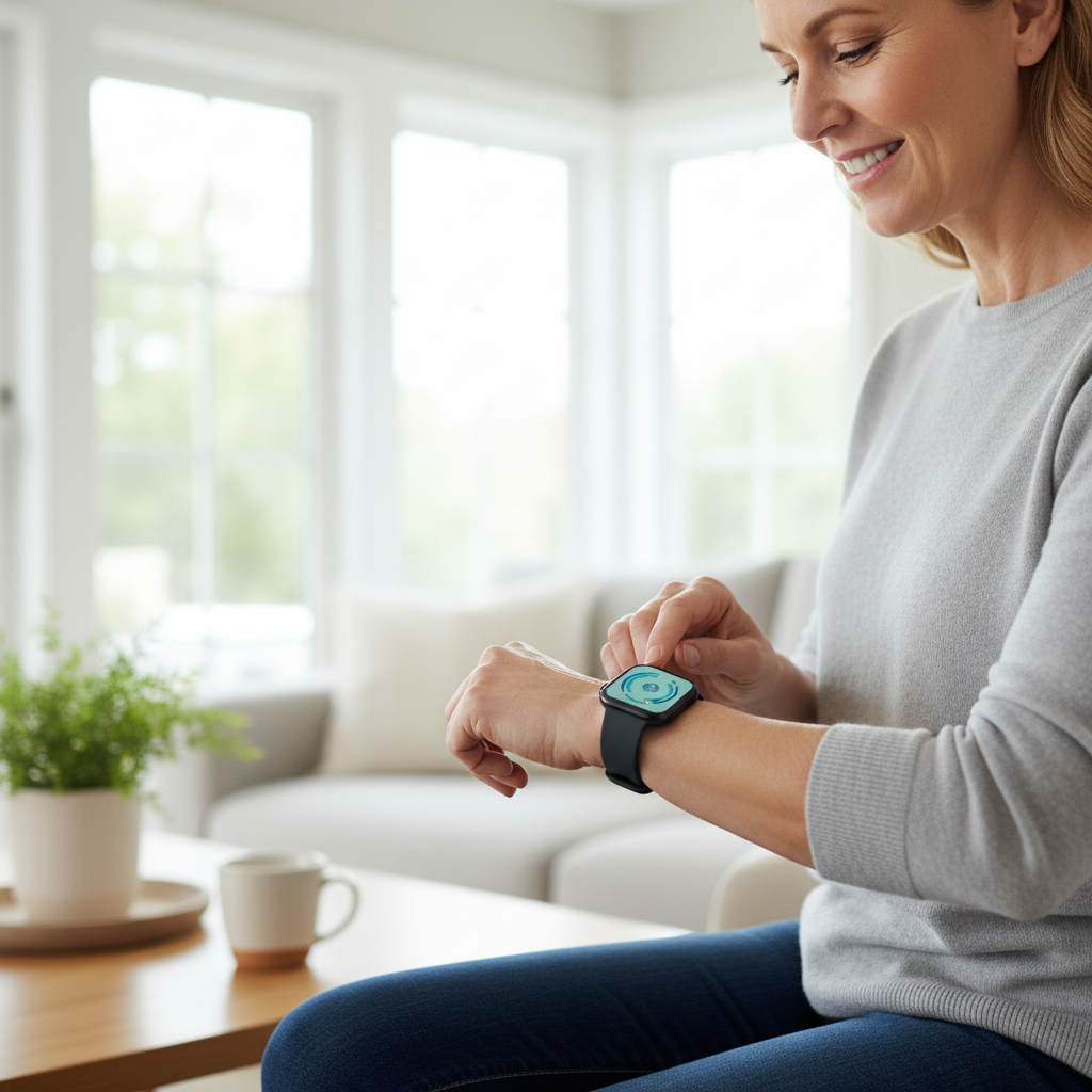 중년 여성이 스마트워치를 손목에 차고 앱 화면을 확인하는 일상 장면