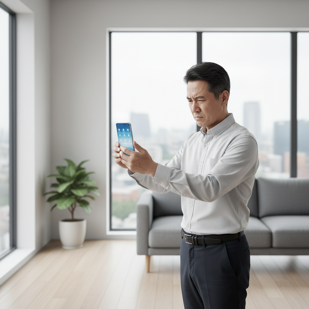 스마트폰 화면을 멀리서 보려는 중년 남성의 모습