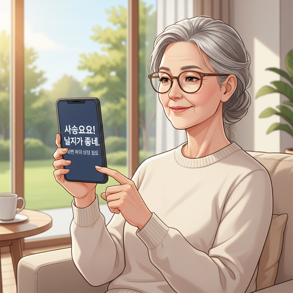 큰 글씨로 설정된 스마트폰 화면을 편안하게 보는 시니어