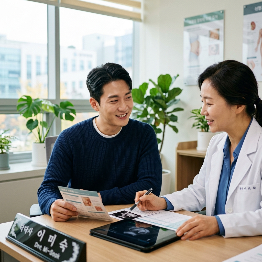 병원에서 산전 검사 상담을 받는 30대 남성의 모습