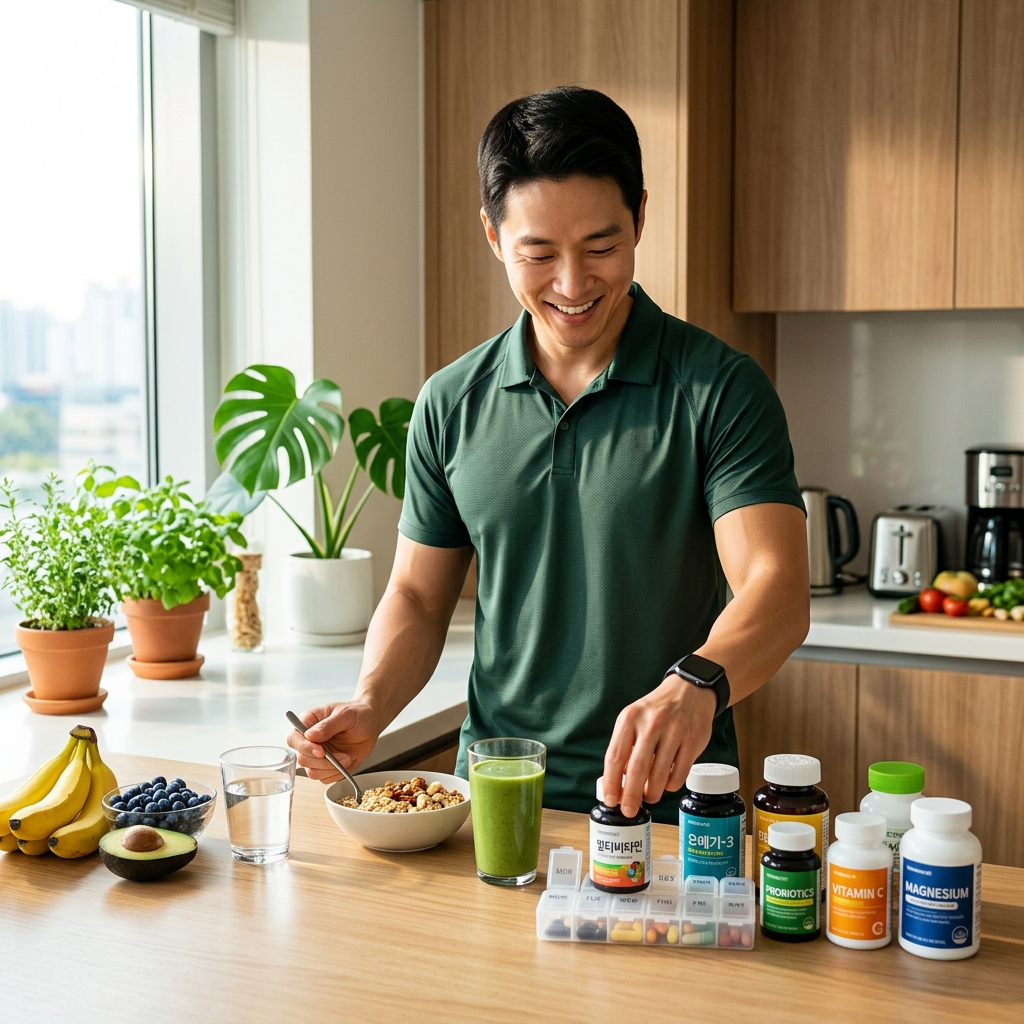아침 식사를 준비하며 영양제를 챙기는 30대 남성