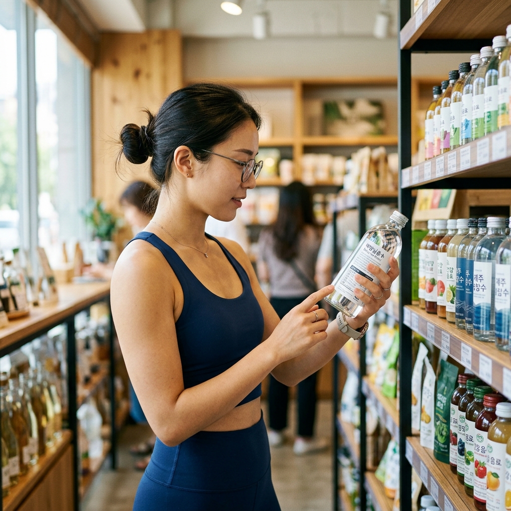 해양심층수 제품 라벨 확인하는 모습