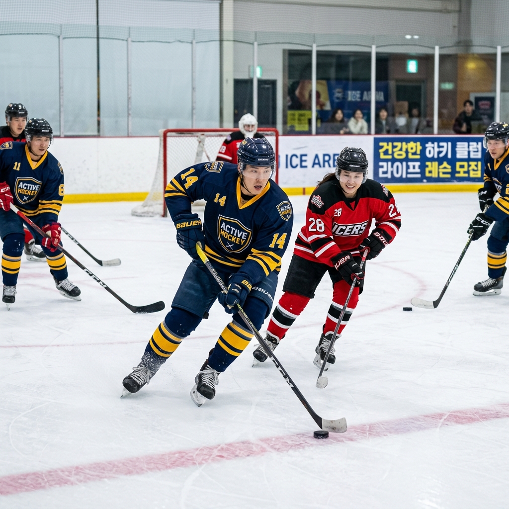 성인들이 아이스링크에서 하키 스틱을 들고 연습하는 장면