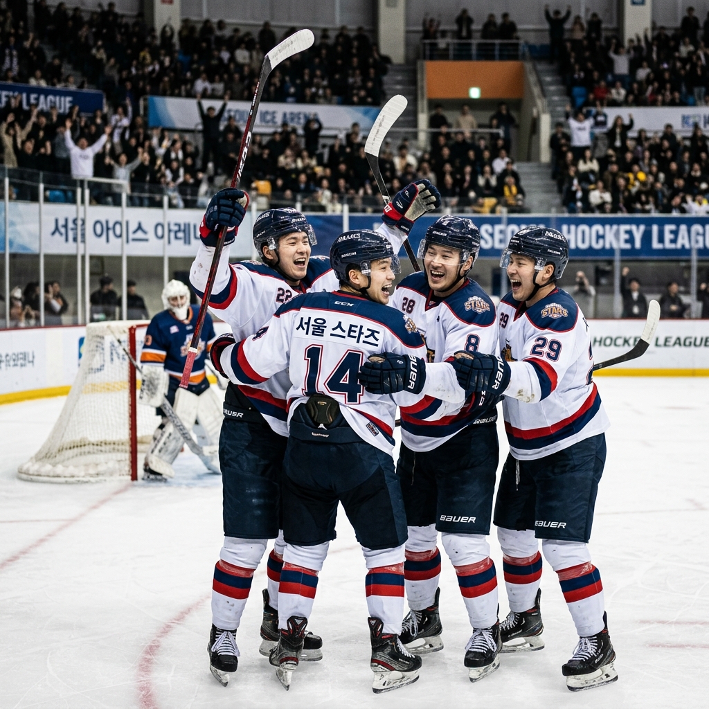 아이스하키 경기 중 팀원들이 함께 축하하는 모습